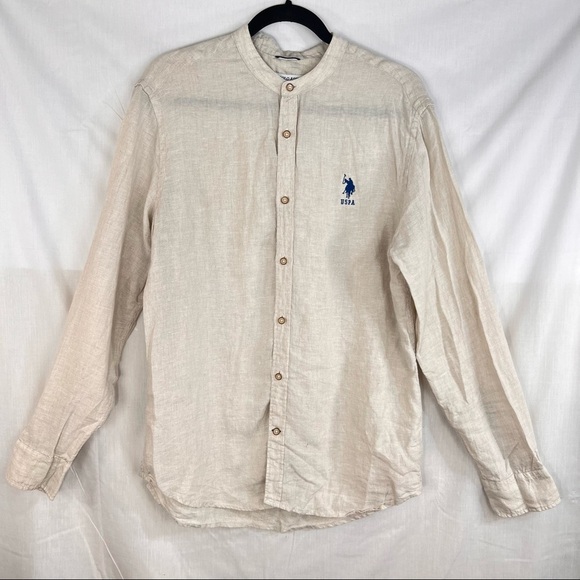 Ralph Lauren US Polo ASSN Irish Linen Button Down Beige Mandarin Collar Sz L EUC - Picture 2 of 12